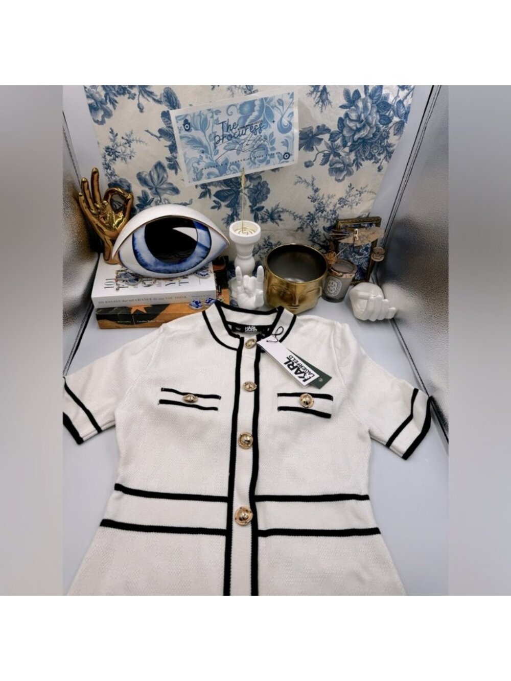 🆕 KARL LAGERFELD 🧿 NWT Classic Knit Dress with Embroidered Monogram, White, Sm - Picture 2 of 16